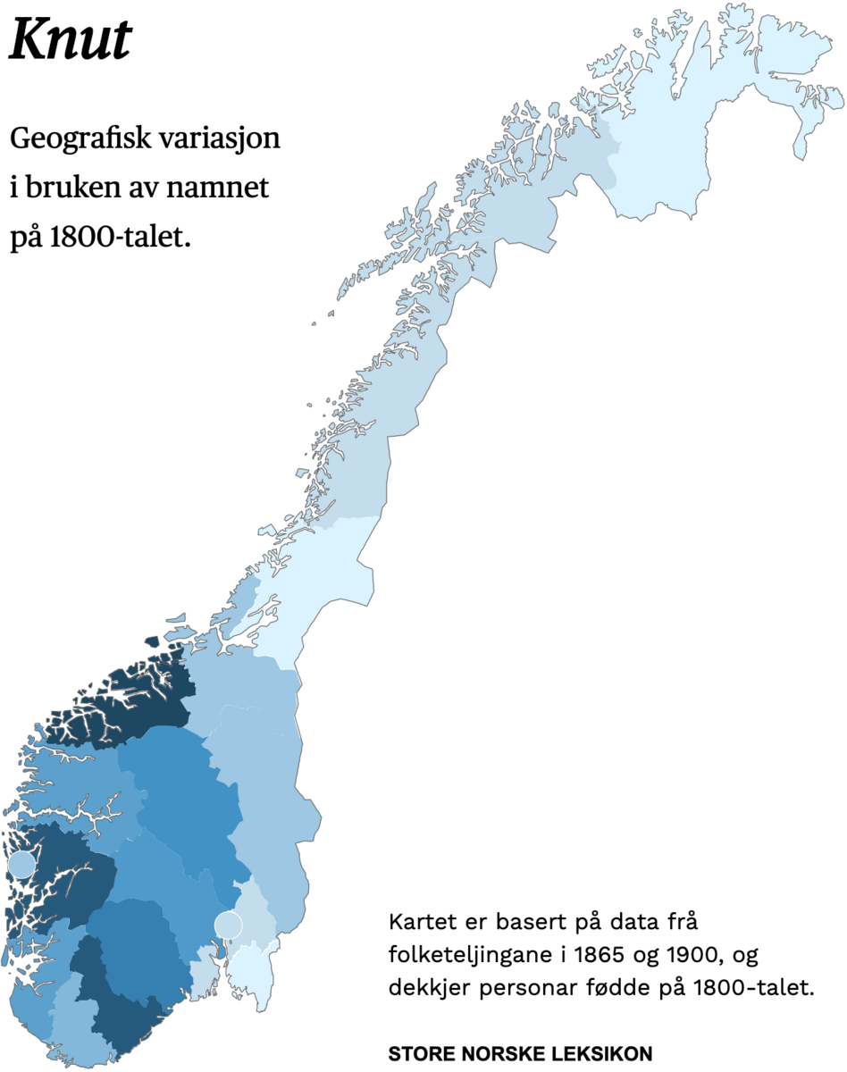 Geografisk variasjon i bruk av namnet Knut på 1800-talet.