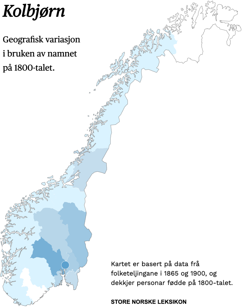 Geografisk variasjon i bruk av namnet Kolbjørn på 1800-talet.