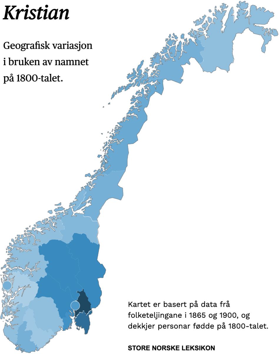 Geografisk variasjon i bruk av namnet Kristian på 1800-talet.