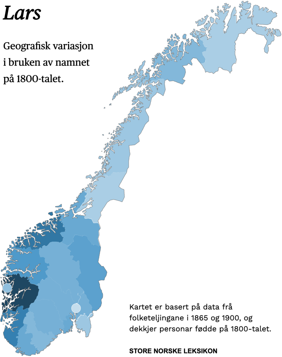 Geografisk variasjon i bruk av namnet Lars på 1800-talet.