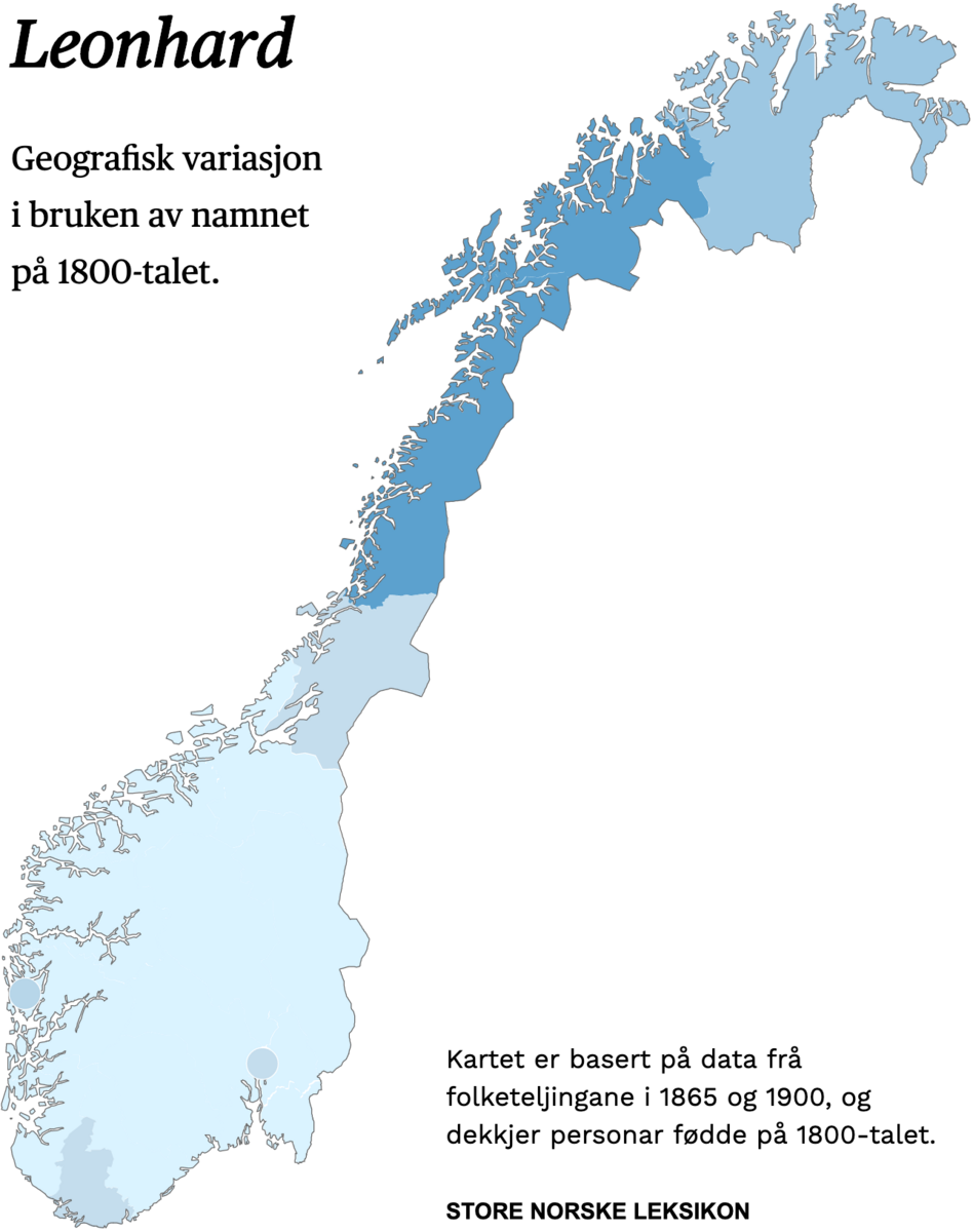 Geografisk variasjon i bruk av namnet Leonhard på 1800-talet.