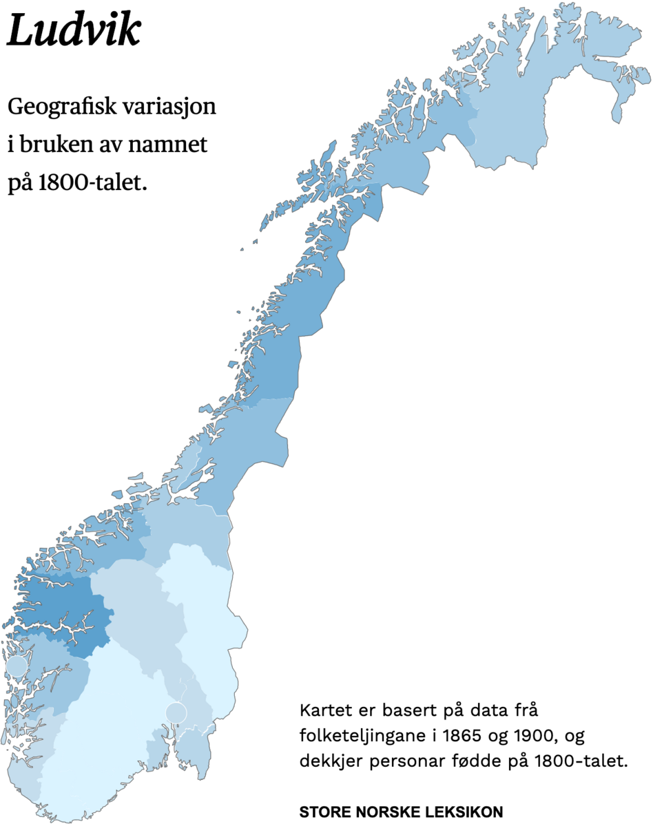 Geografisk variasjon i bruk av namnet Ludvik på 1800-talet.