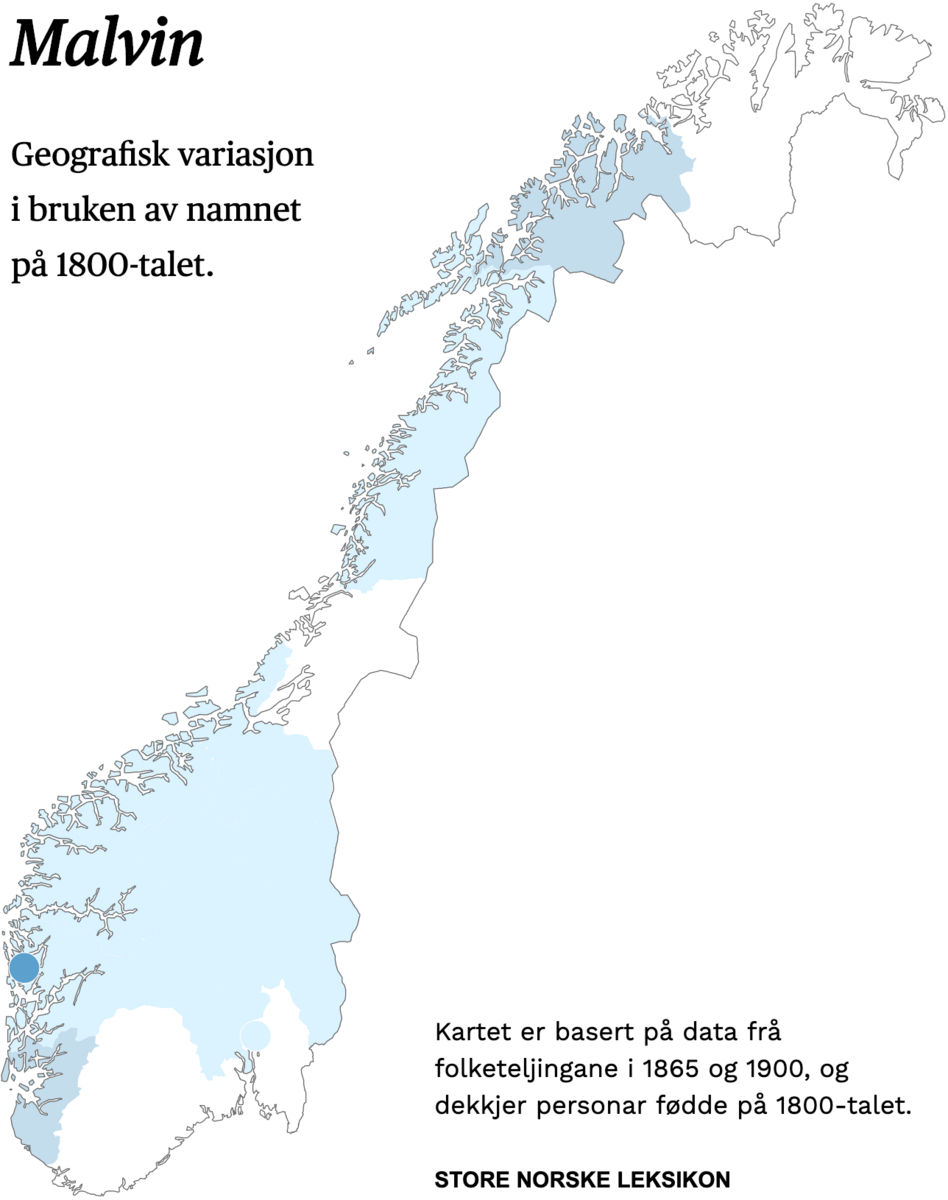 Geografisk variasjon i bruk av namnet Malvin på 1800-talet.