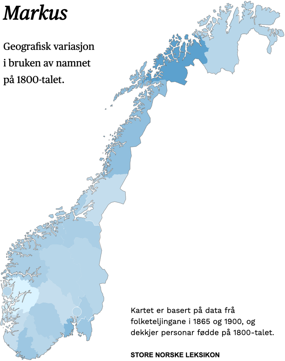 Geografisk variasjon i bruk av namnet Markus på 1800-talet.