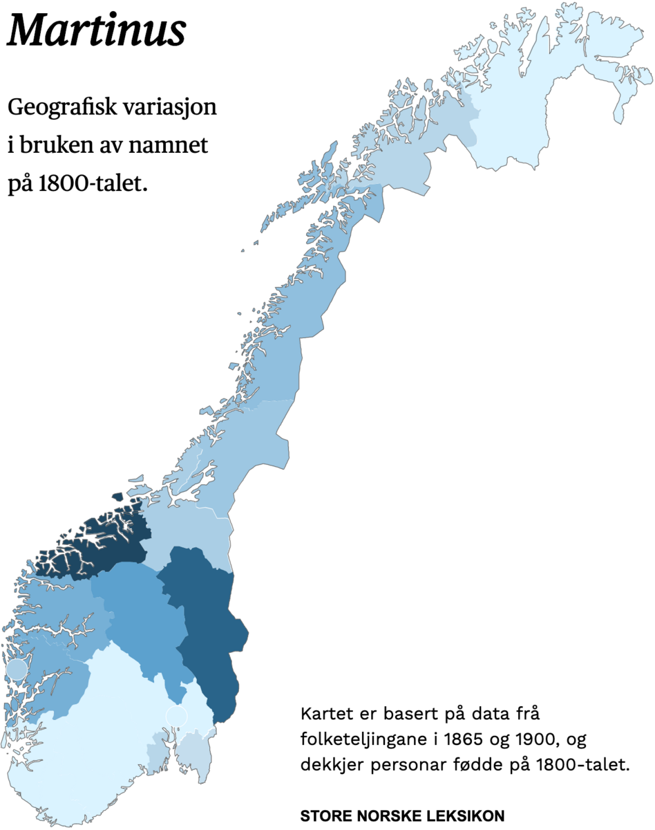 Geografisk variasjon i bruk av namnet Martinus på 1800-talet.