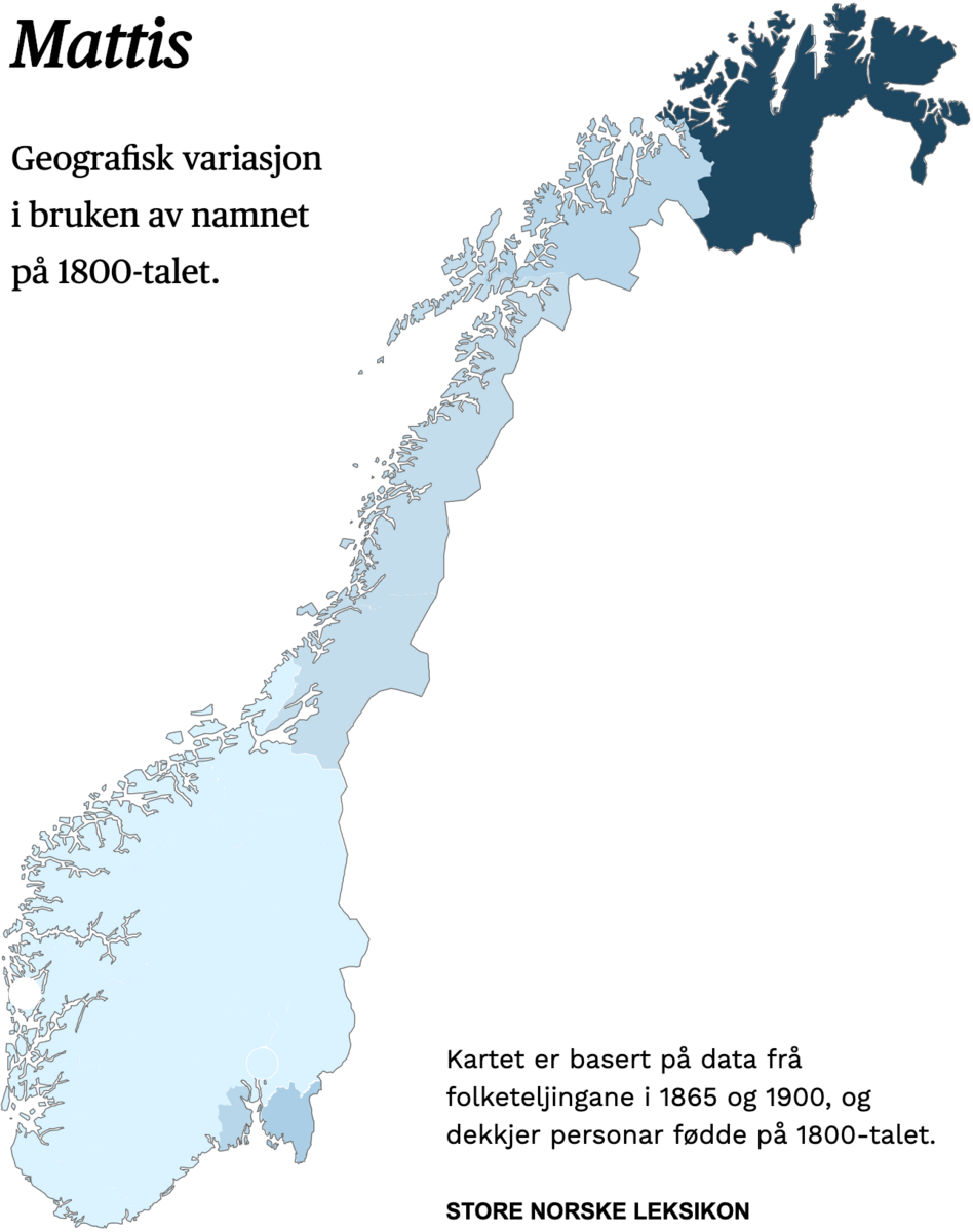Geografisk variasjon i bruk av namnet Mattis på 1800-talet.