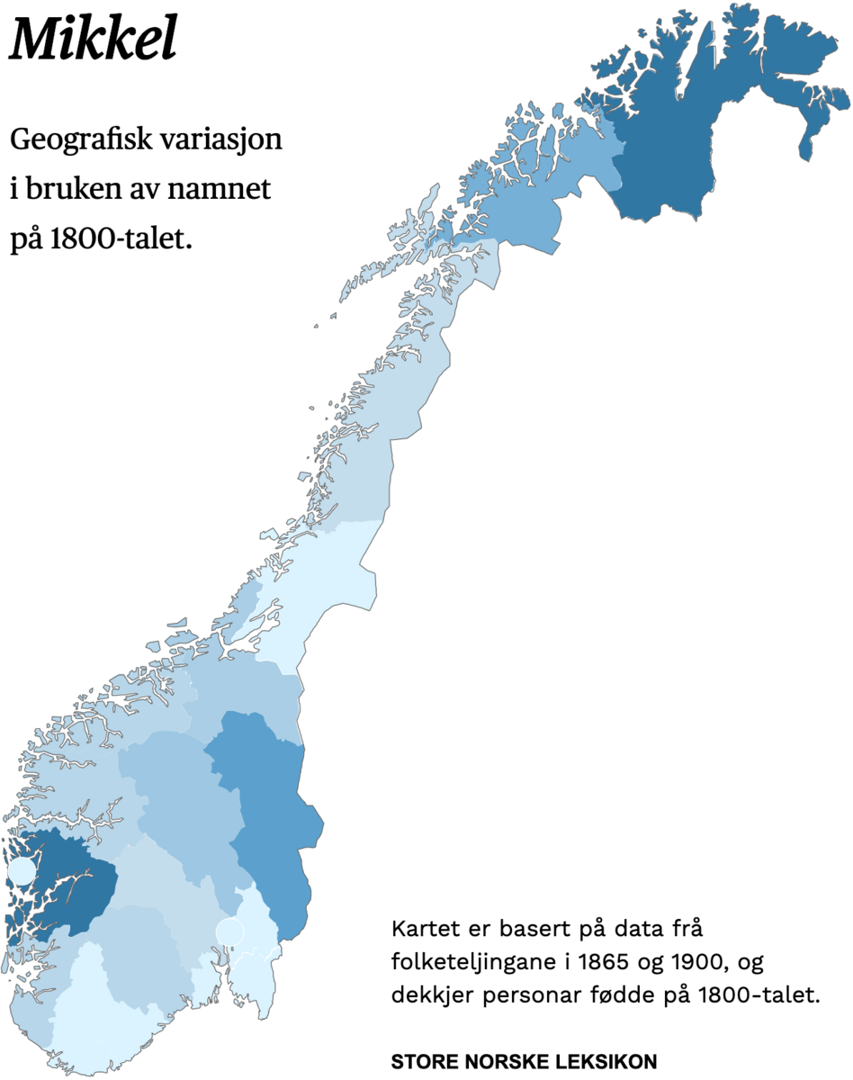Geografisk variasjon i bruk av namnet Mikkel på 1800-talet.