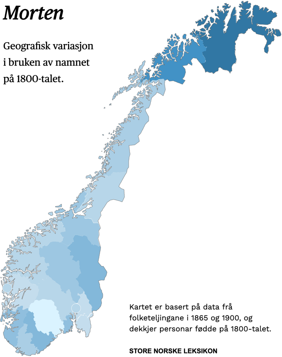 Geografisk variasjon i bruk av namnet Morten på 1800-talet.