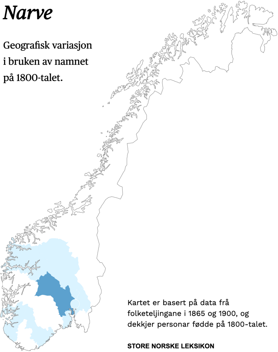 Geografisk variasjon i bruk av namnet Narve på 1800-talet.