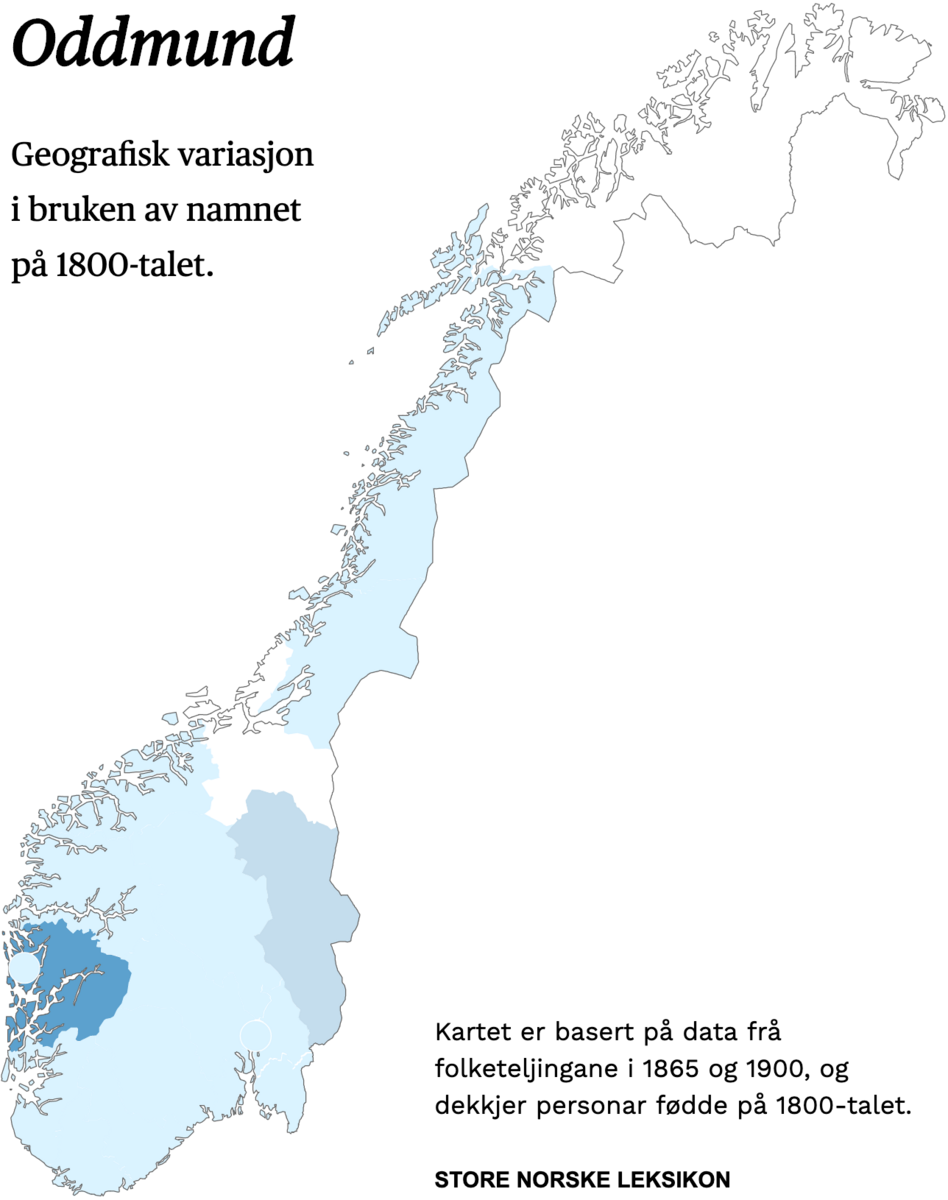 Geografisk variasjon i bruk av namnet Oddmund på 1800-talet.