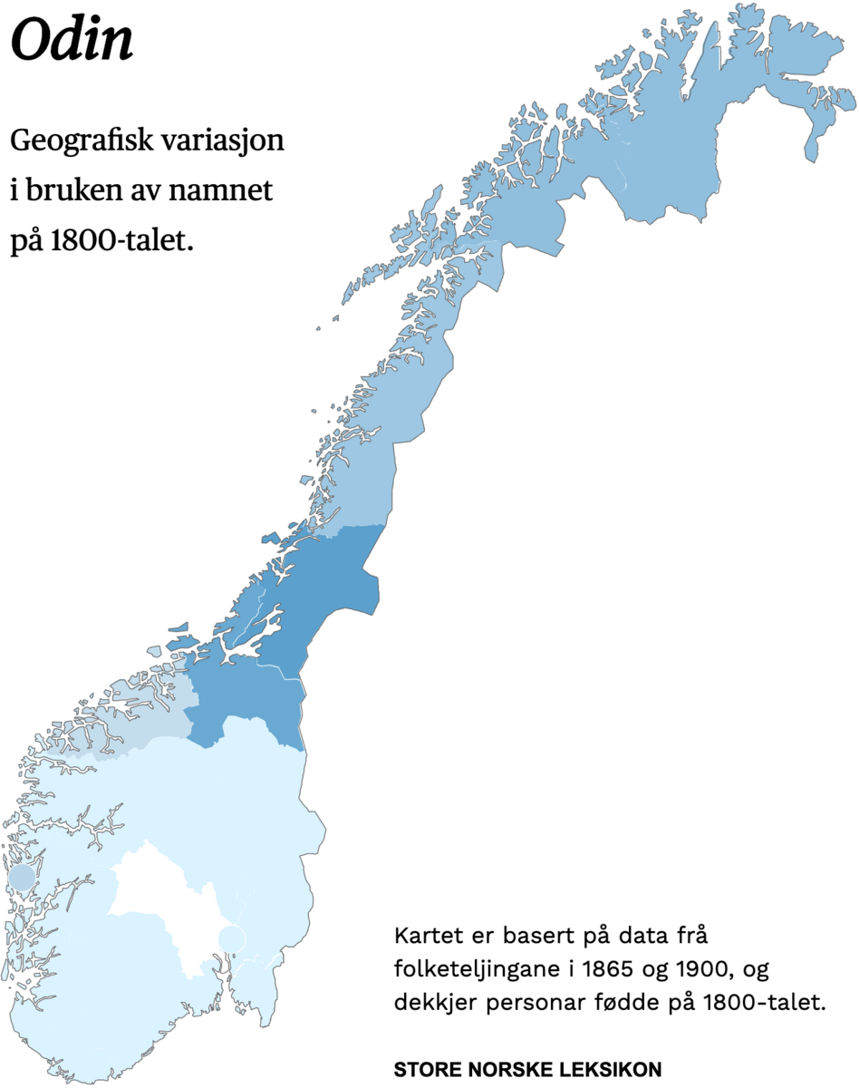 Geografisk variasjon i bruk av namnet Odin på 1800-talet.