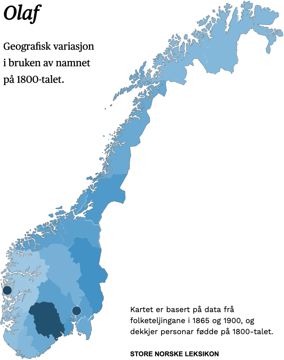 Geografisk variasjon i bruk av namnet Olaf på 1800-talet.