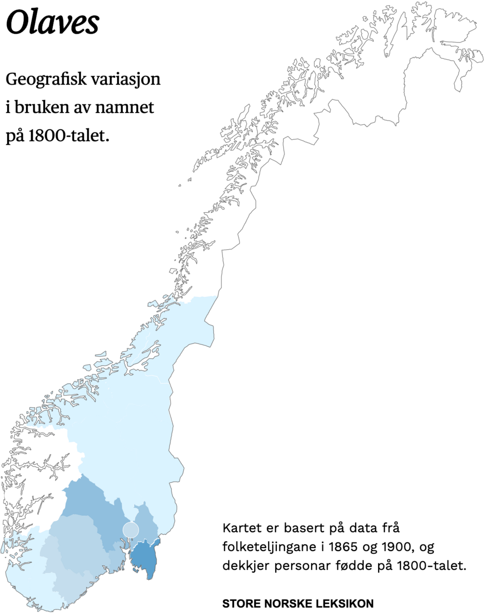 Geografisk variasjon i bruk av namnet Olaves på 1800-talet.