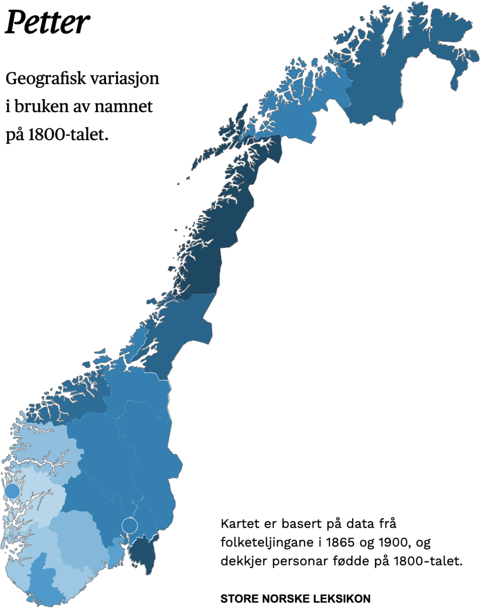 Geografisk variasjon i bruk av namnet Petter på 1800-talet.