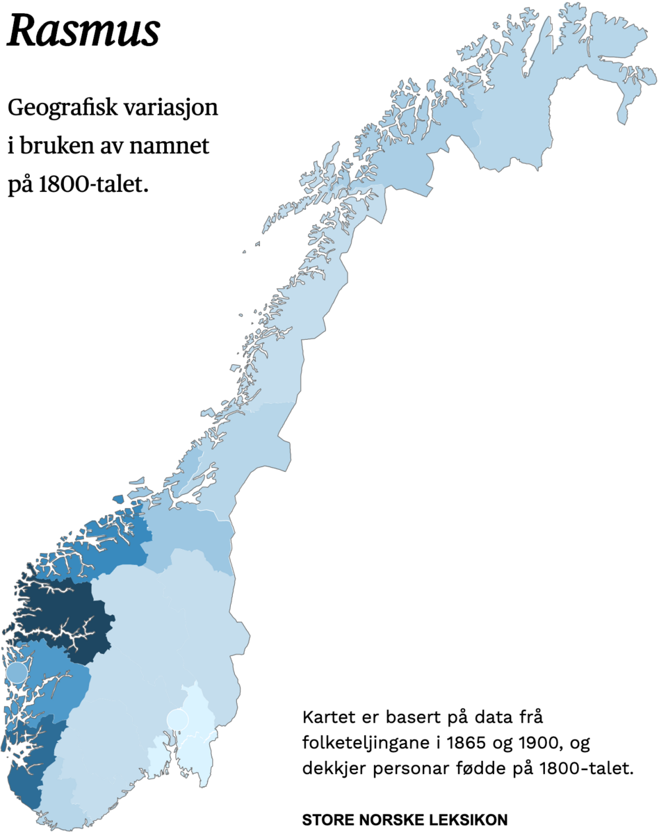Geografisk variasjon i bruk av namnet Rasmus på 1800-talet.