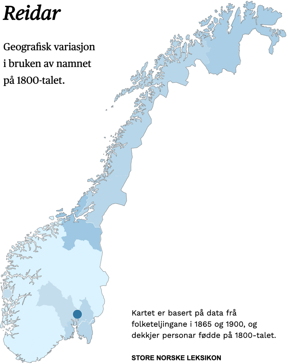 Geografisk variasjon i bruk av namnet Reidar på 1800-talet.