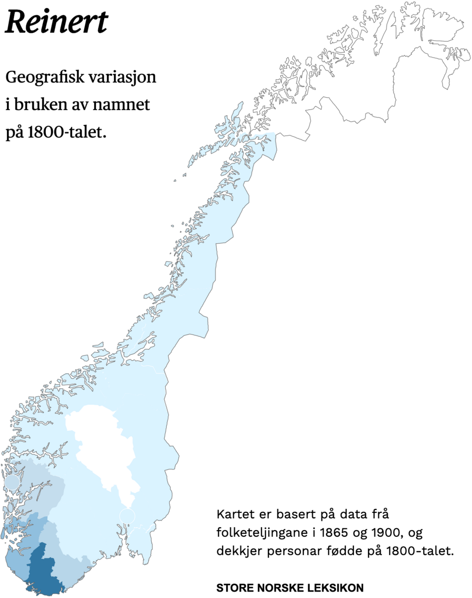 Geografisk variasjon i bruk av namnet Reinert på 1800-talet.