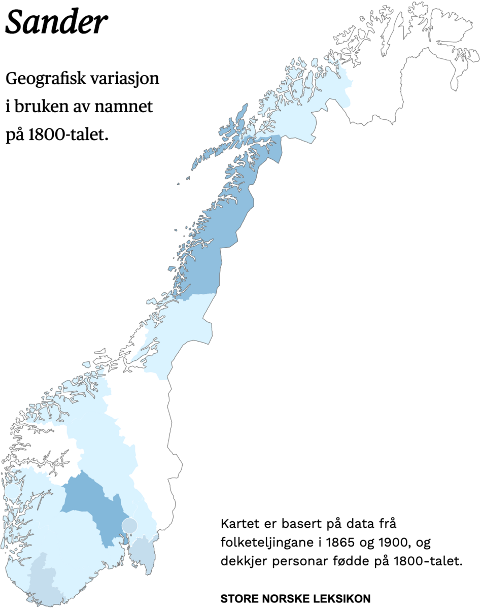 Geografisk variasjon i bruk av namnet Sander på 1800-talet.