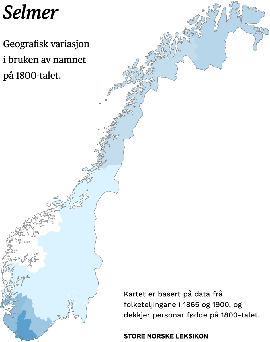 Geografisk variasjon i bruk av namnet Selmer på 1800-talet.