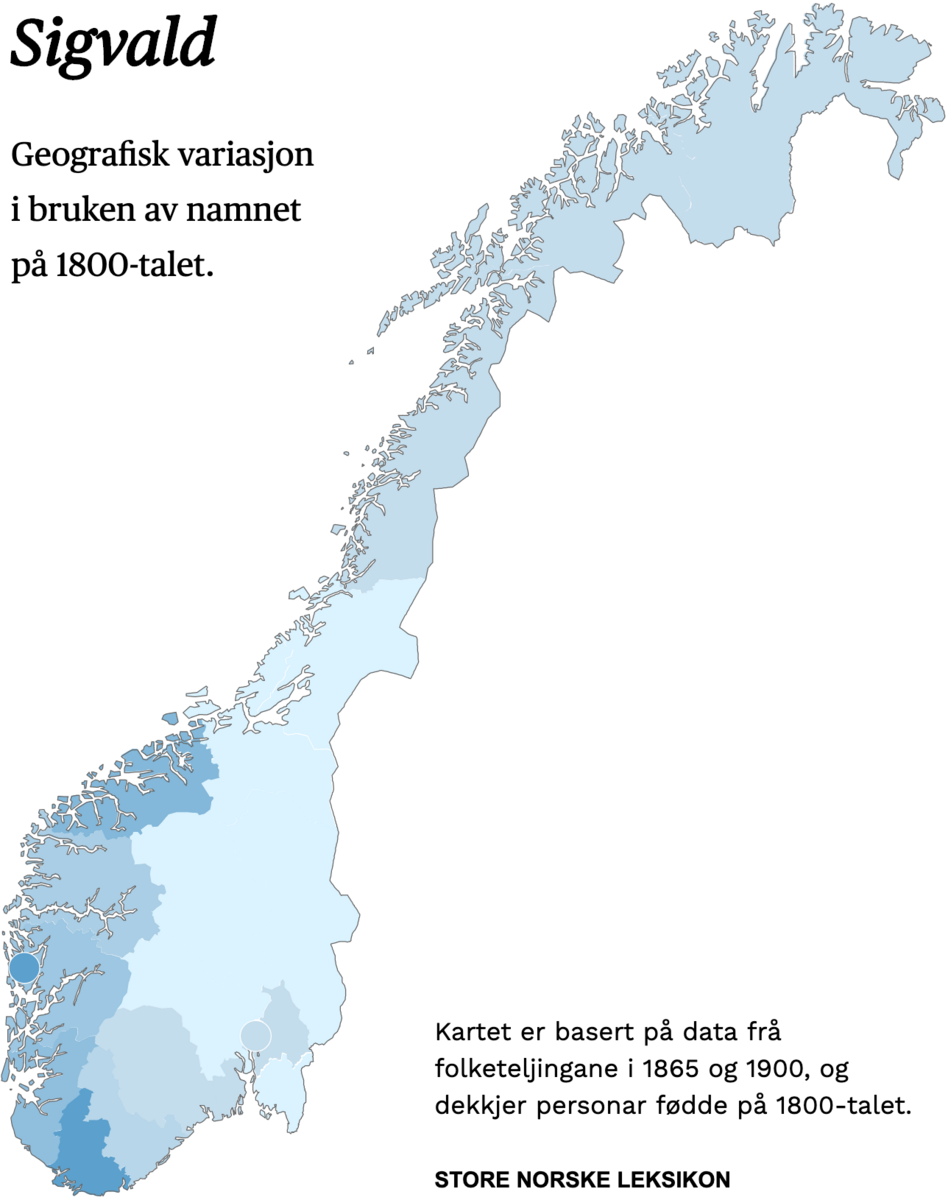 Geografisk variasjon i bruk av namnet Sigvald på 1800-talet.