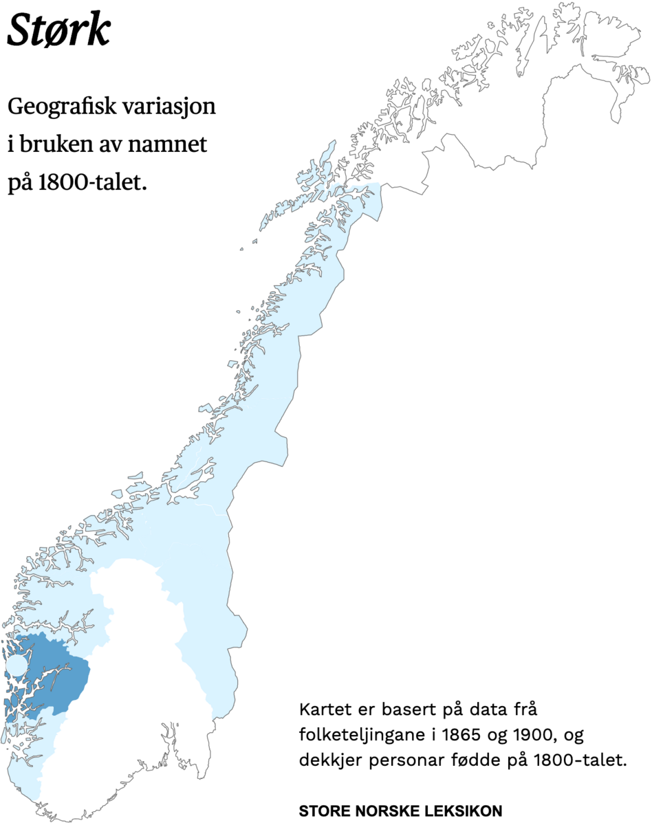 Geografisk variasjon i bruk av namnet Størk på 1800-talet.
