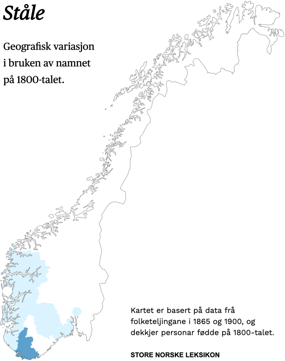 Geografisk variasjon i bruk av namnet Ståle på 1800-talet.