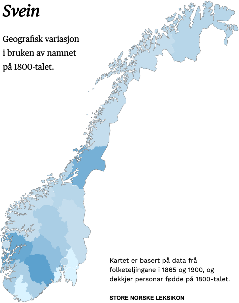 Geografisk variasjon i bruk av namnet Svein på 1800-talet.