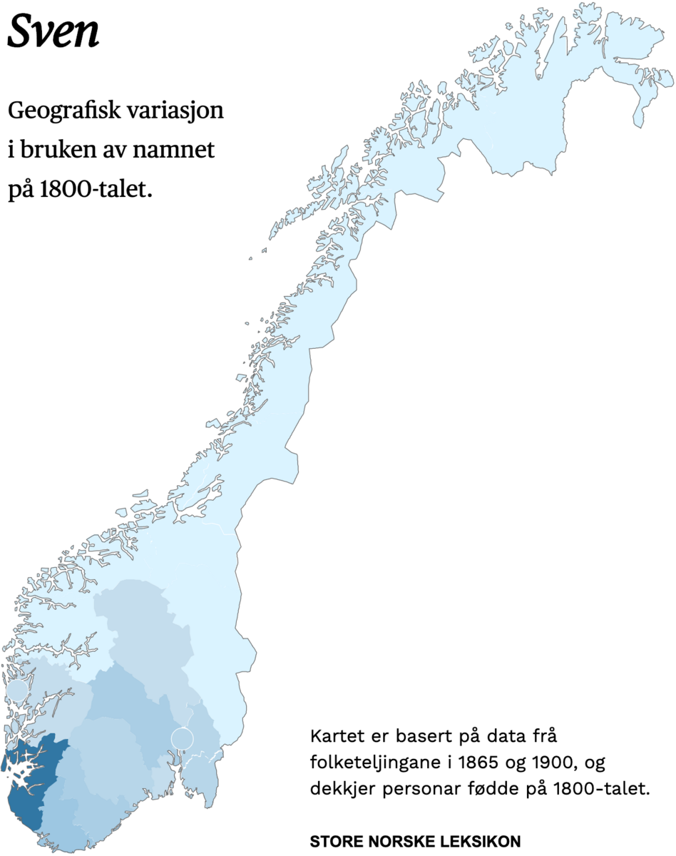 Geografisk variasjon i bruk av namnet Sven på 1800-talet.