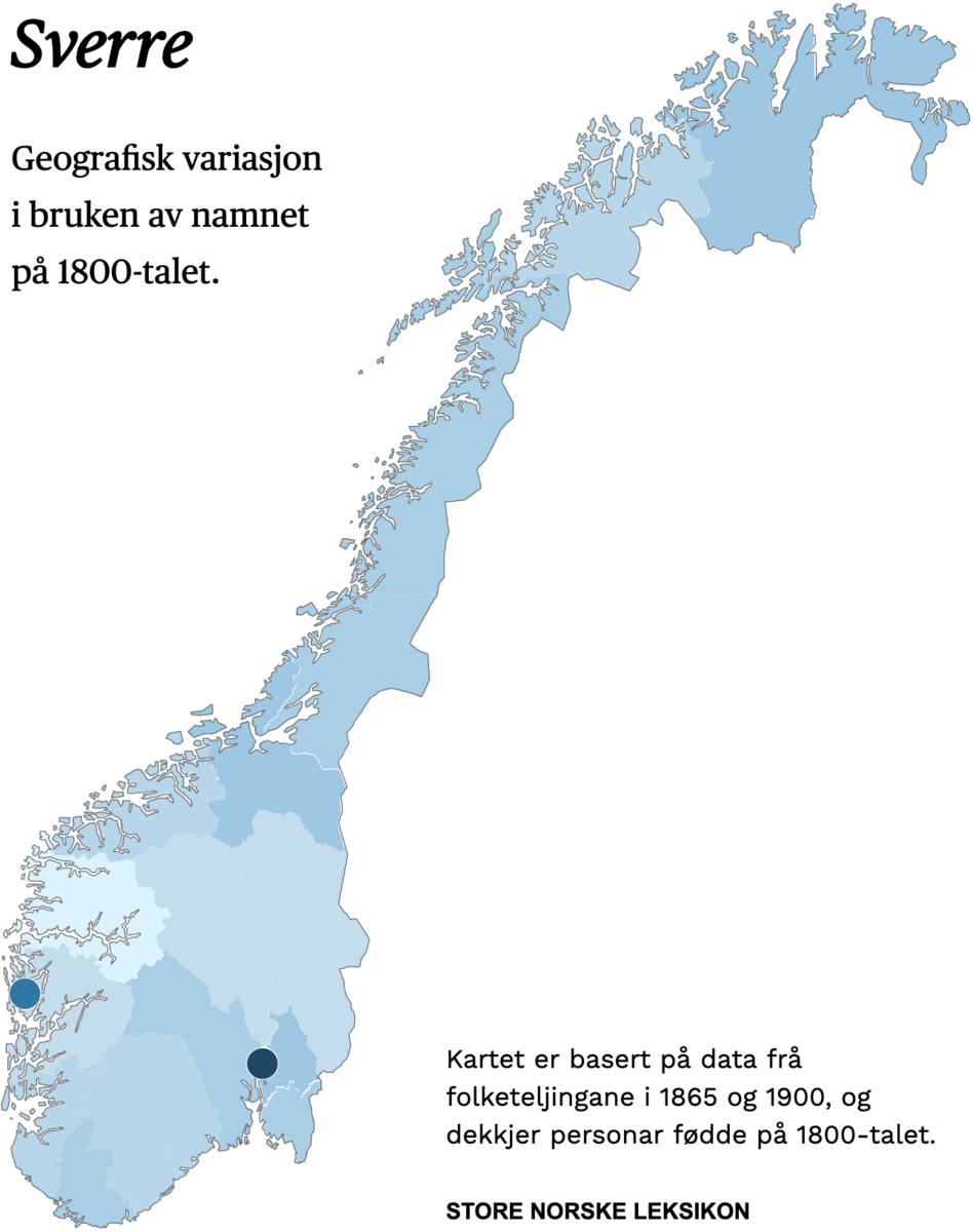 Geografisk variasjon i bruk av namnet Sverre på 1800-talet.