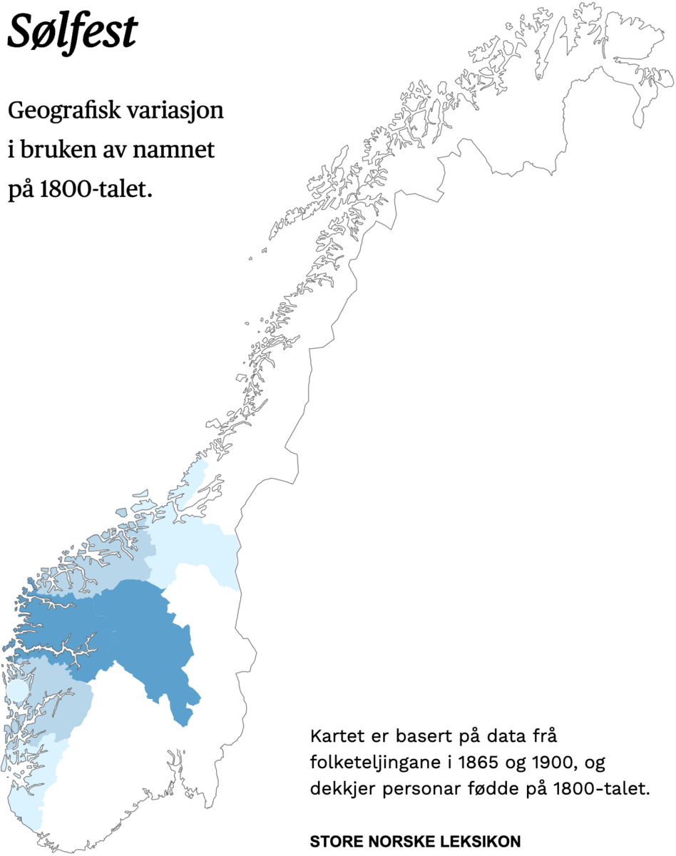 Geografisk variasjon i bruk av namnet Sølfest på 1800-talet.