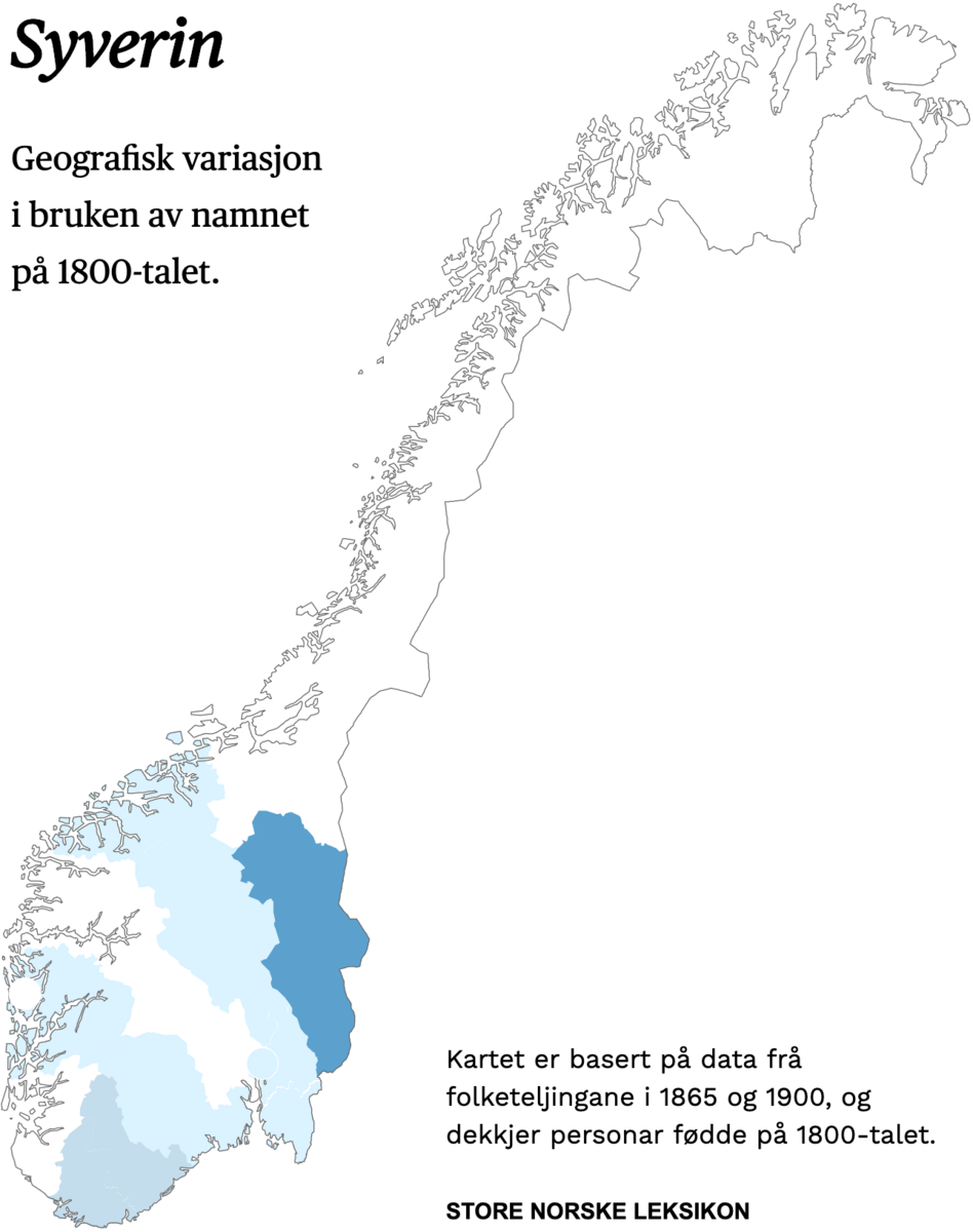Geografisk variasjon i bruk av namnet Syverin på 1800-talet.
