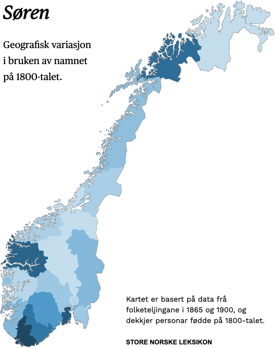 Geografisk variasjon i bruk av namnet Søren på 1800-talet.