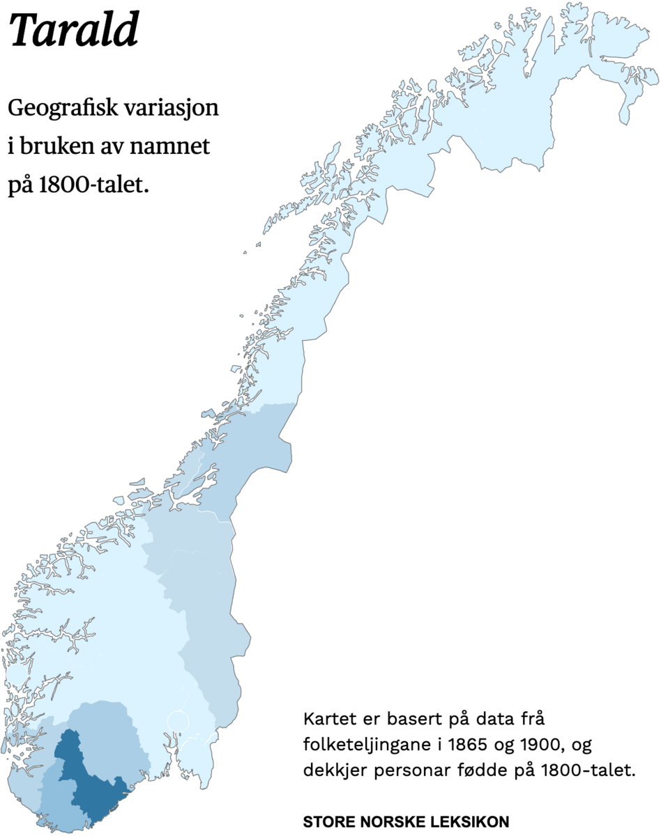 Geografisk variasjon i bruk av namnet Tarald på 1800-talet.