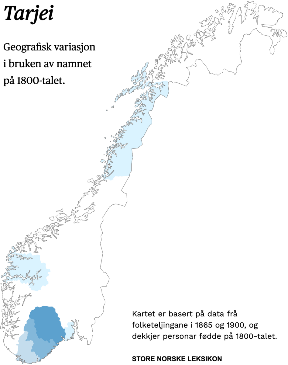 Geografisk variasjon i bruk av namnet Tarjei på 1800-talet.