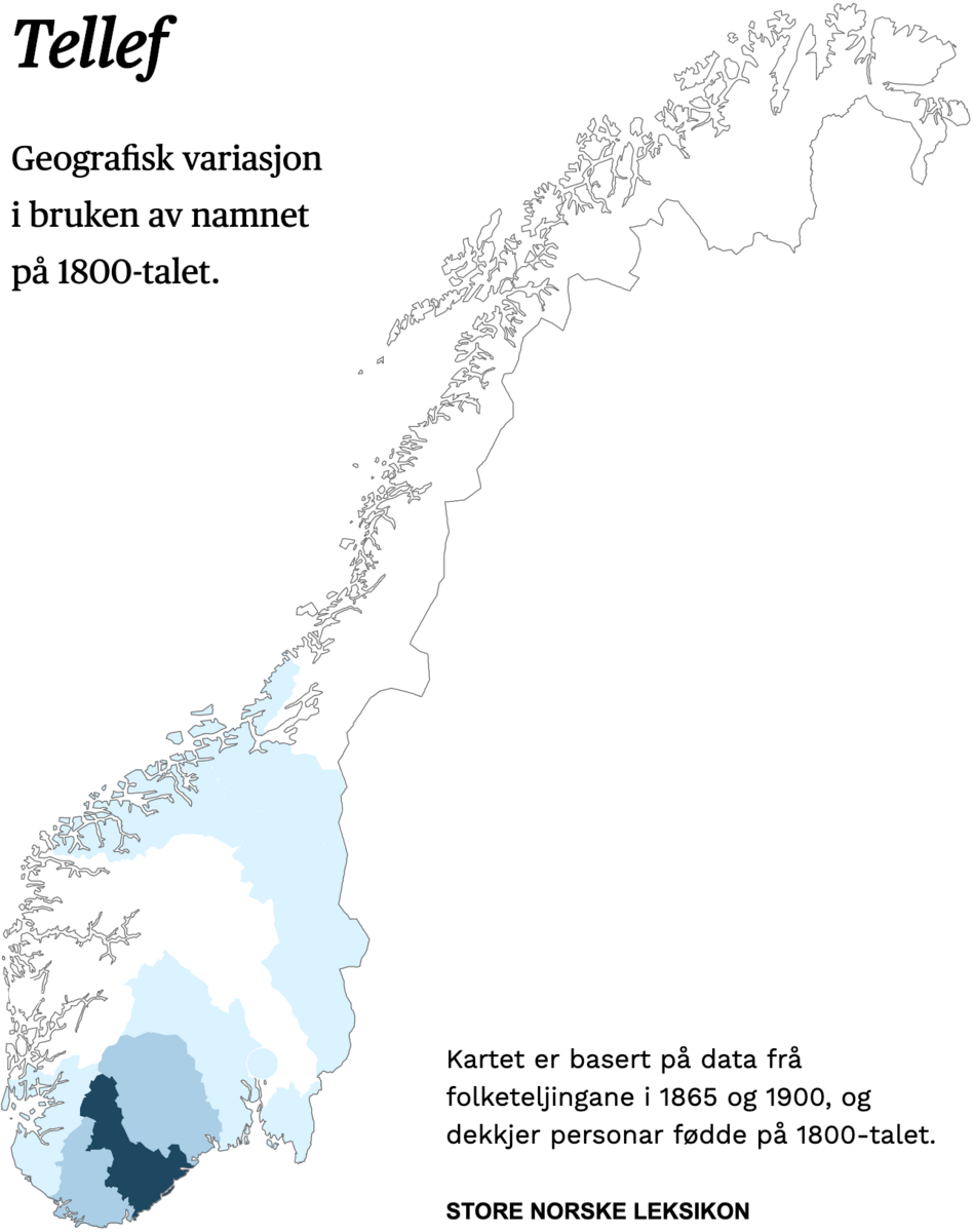 Geografisk variasjon i bruk av namnet Tellef på 1800-talet.