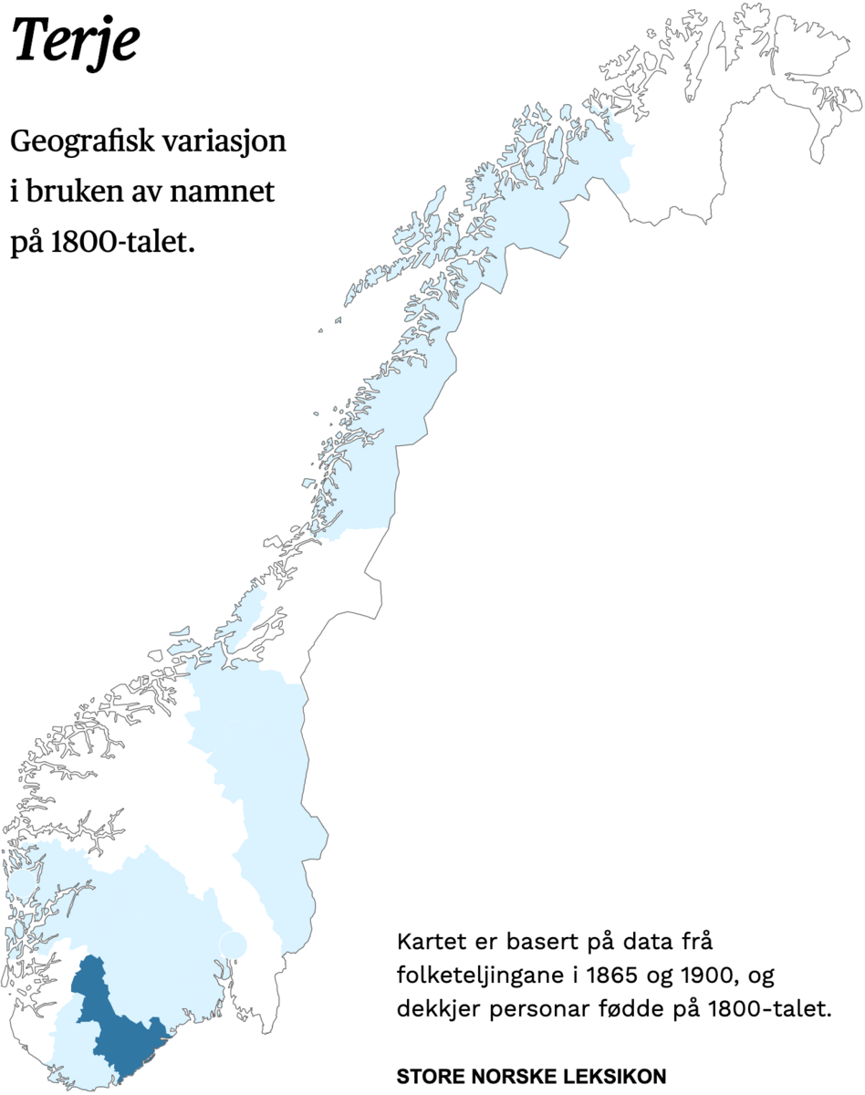 Geografisk variasjon i bruk av namnet Terje på 1800-talet.