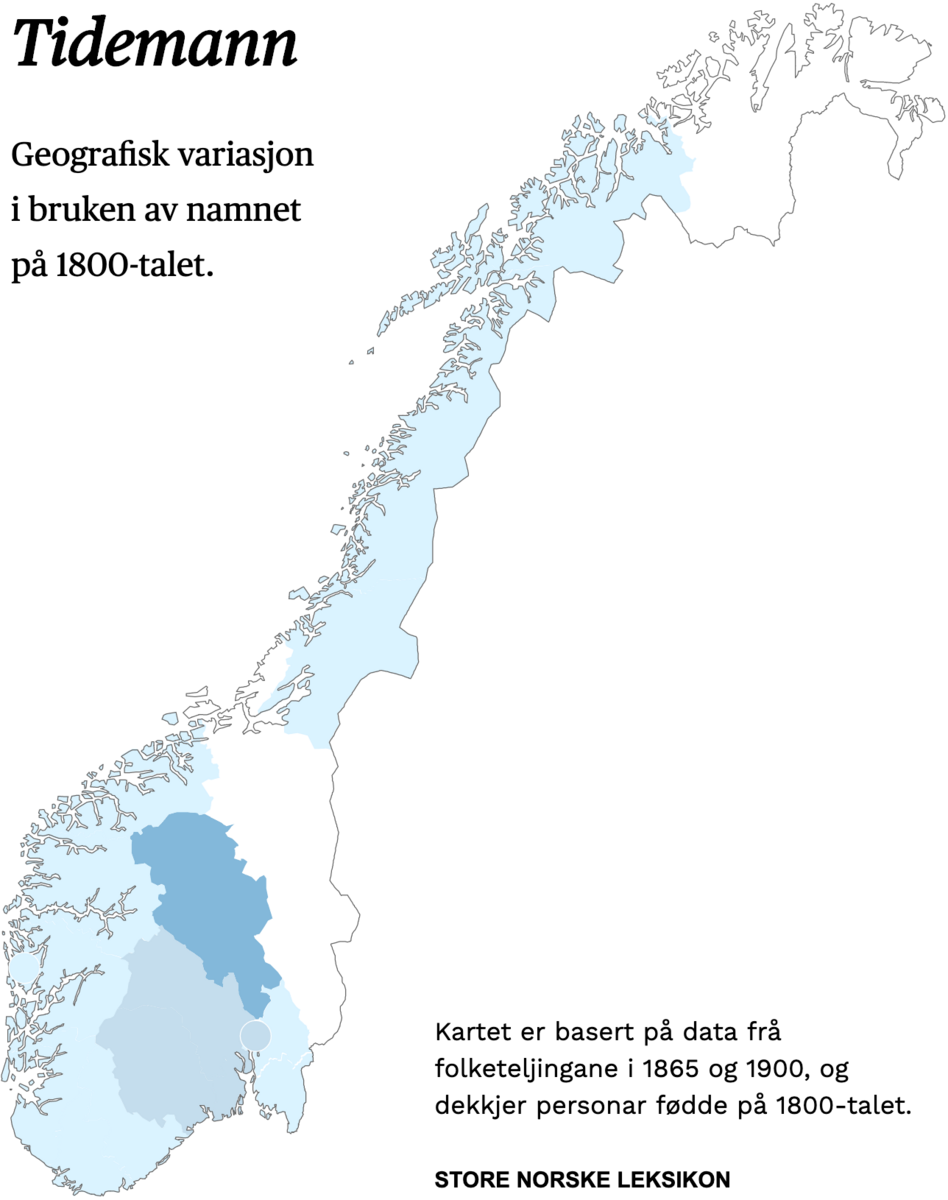 Geografisk variasjon i bruk av namnet Tidemann på 1800-talet.
