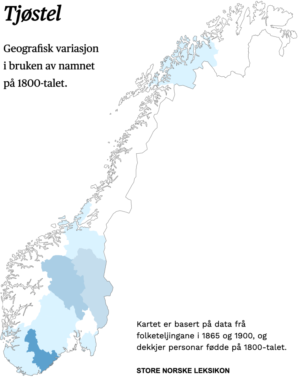 Geografisk variasjon i bruk av namnet Tjøstel på 1800-talet.