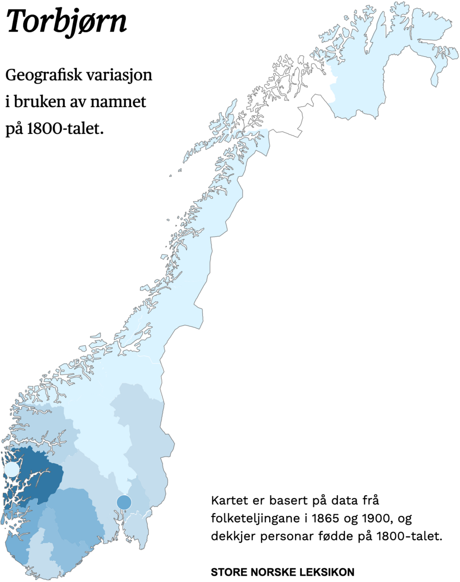Geografisk variasjon i bruk av namnet Torbjørn på 1800-talet.