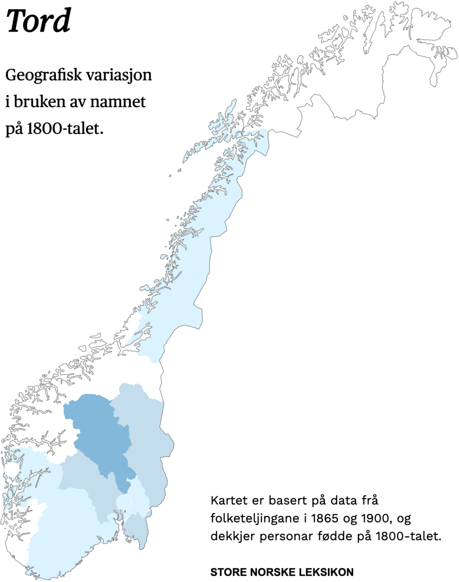 Geografisk variasjon i bruk av namnet Tord på 1800-talet.