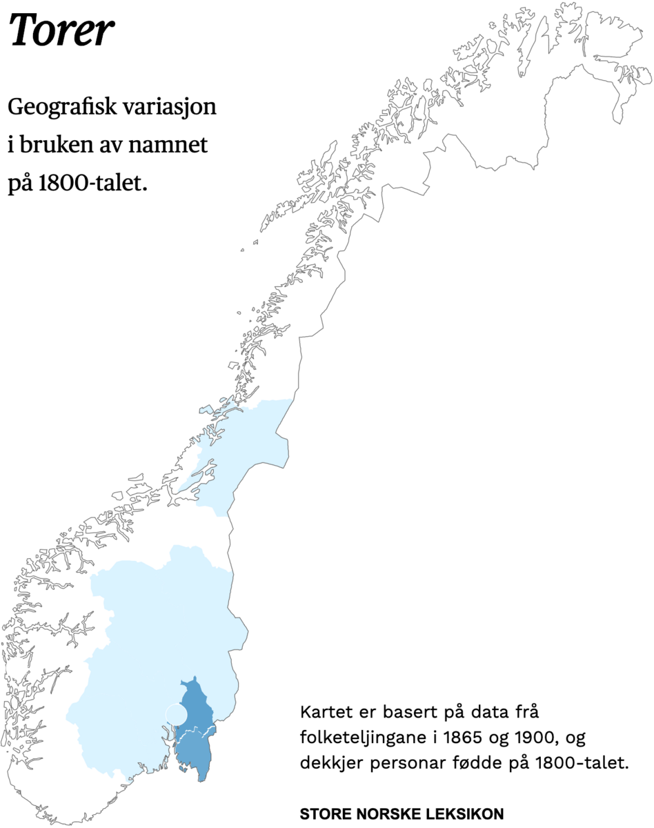 Geografisk variasjon i bruk av namnet Torer på 1800-talet.