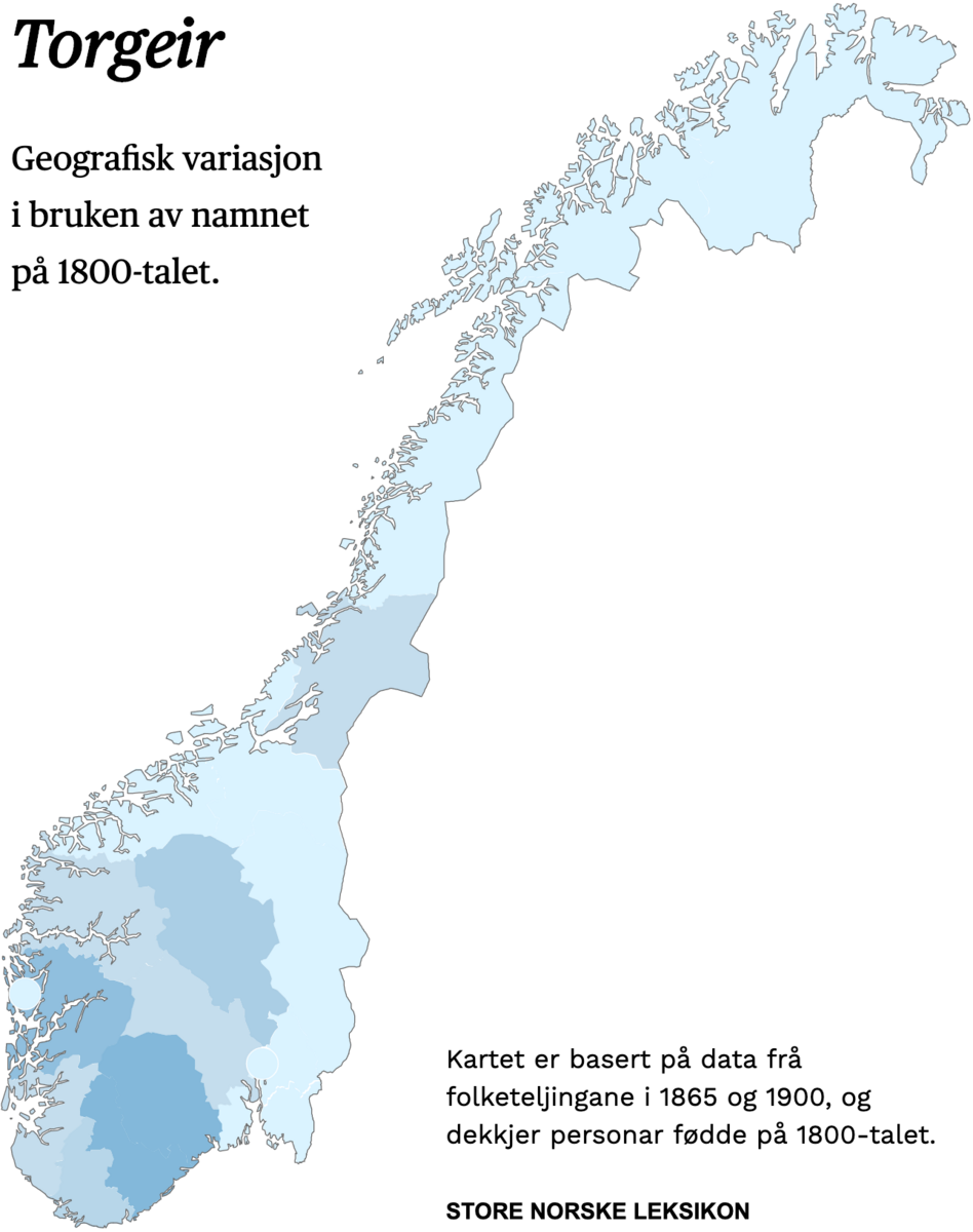 Geografisk variasjon i bruk av namnet Torgeir på 1800-talet.