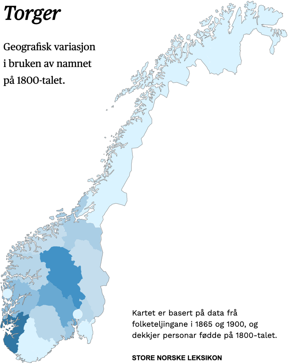 Geografisk variasjon i bruk av namnet Torger på 1800-talet.