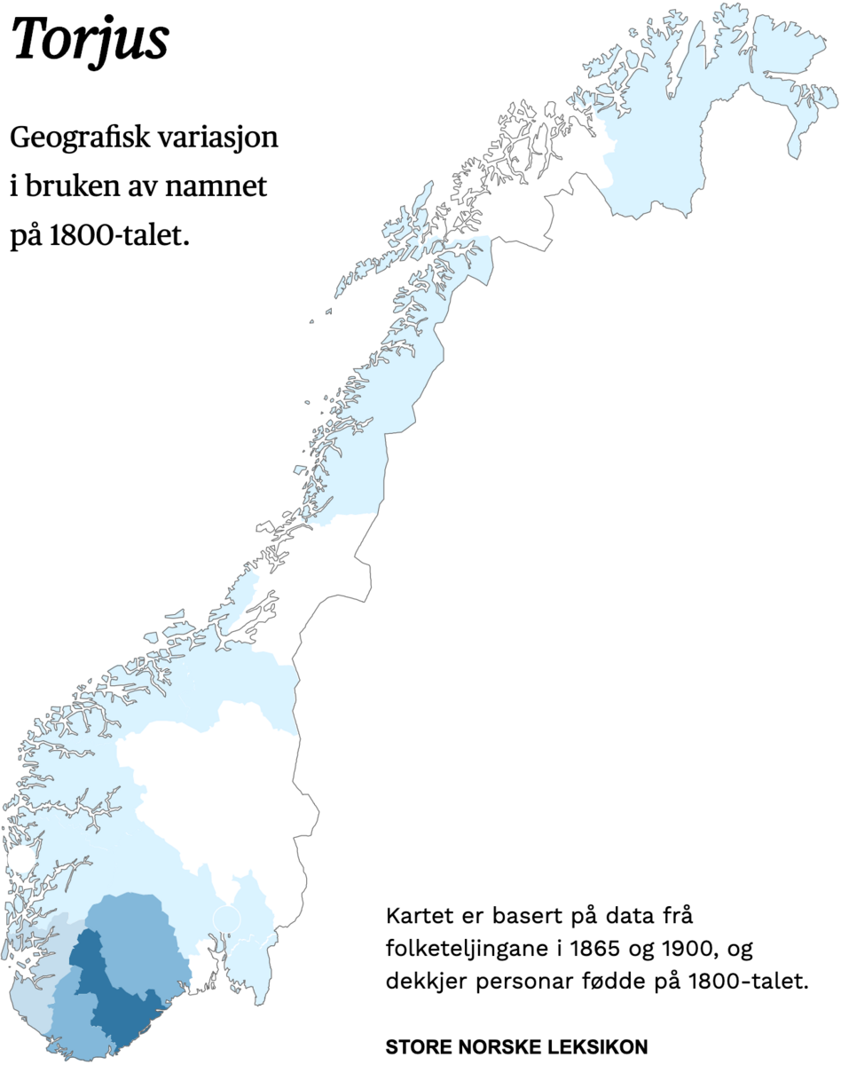 Geografisk variasjon i bruk av namnet Torjus på 1800-talet.