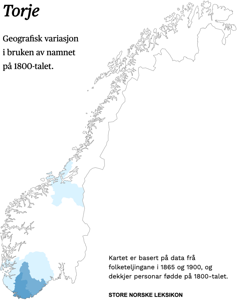 Geografisk variasjon i bruk av namnet Torje på 1800-talet.