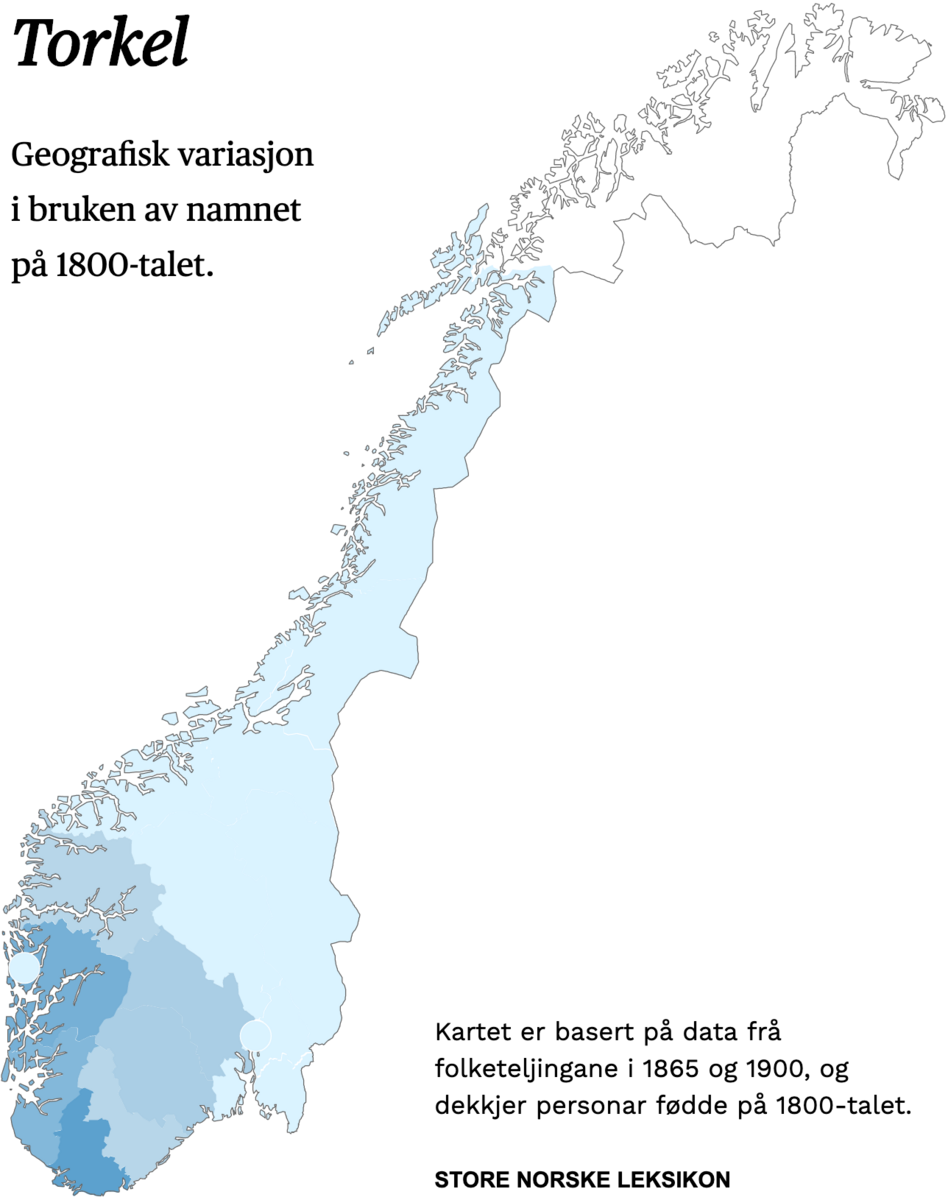Geografisk variasjon i bruk av namnet Torkel på 1800-talet.