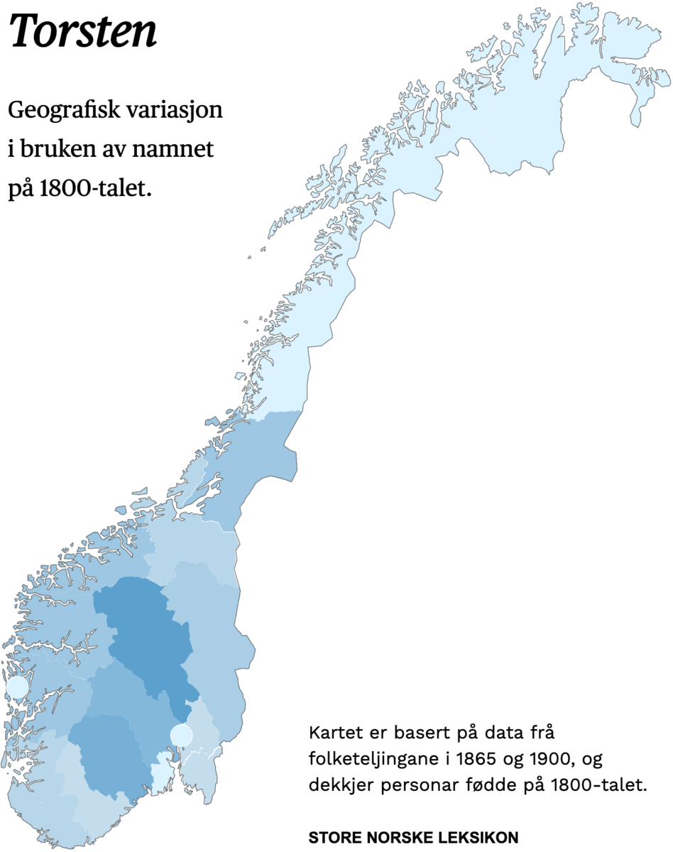 Geografisk variasjon i bruk av namnet Torsten på 1800-talet.
