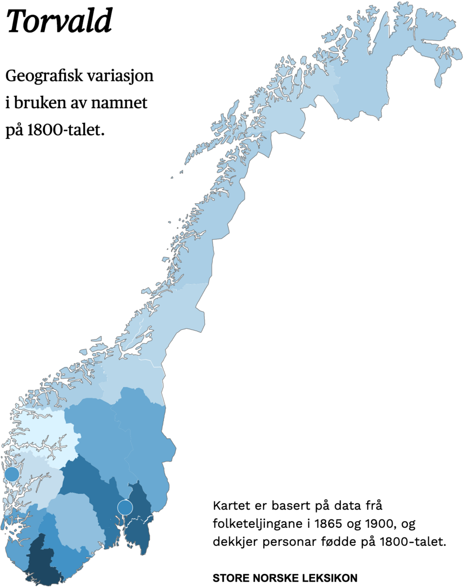 Geografisk variasjon i bruk av namnet Torvald på 1800-talet.