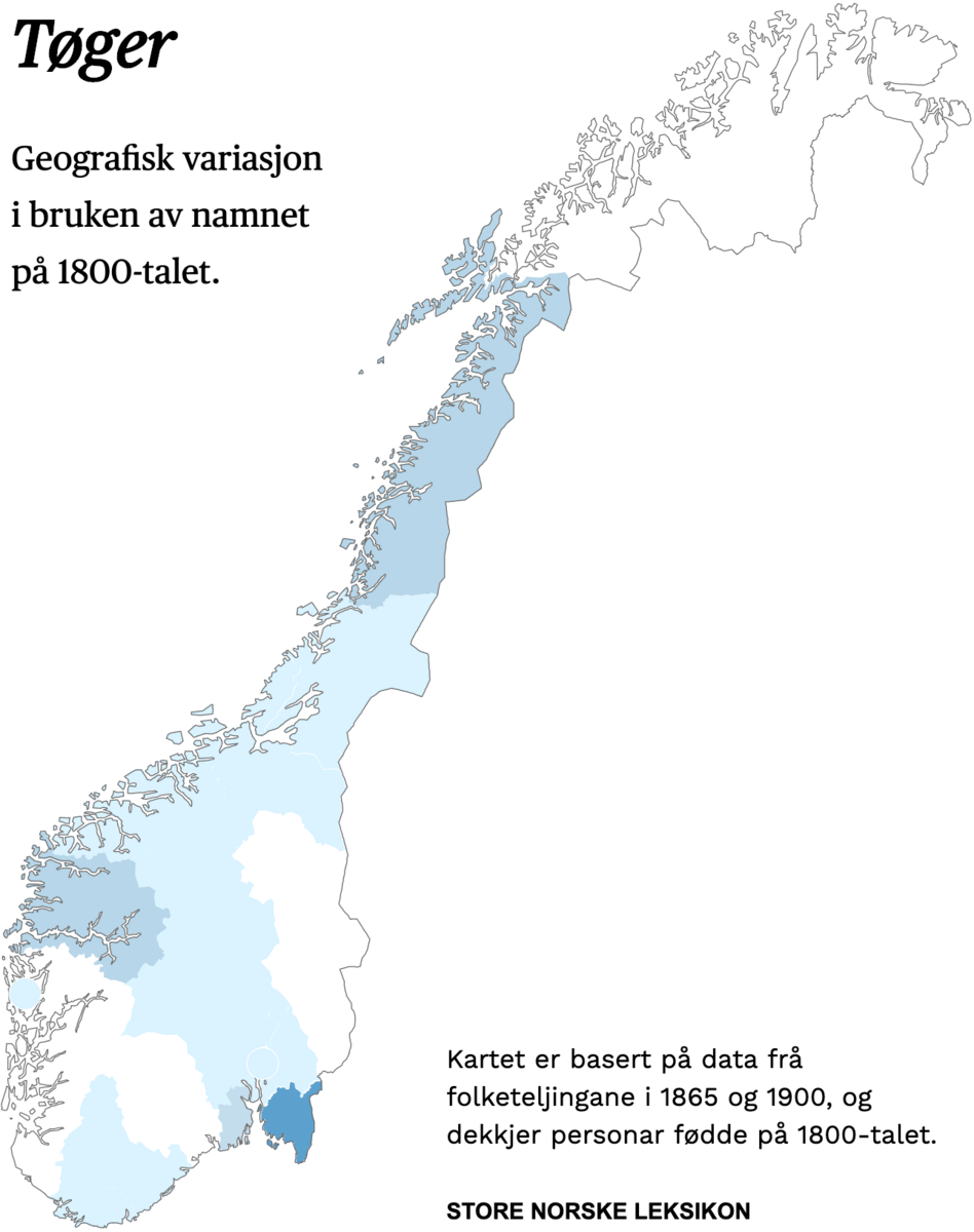 Geografisk variasjon i bruk av namnet Tøger på 1800-talet.
