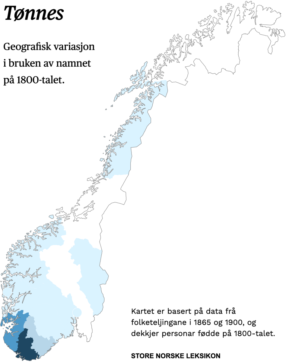 Geografisk variasjon i bruk av namnet Tønnes på 1800-talet.